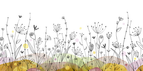 Black-white graphic sketch of flowers and herbs. Seamless drawn border on a white background. A repeating print with contour isolated plants on the watercolor grass. Horizontal natural pattern.