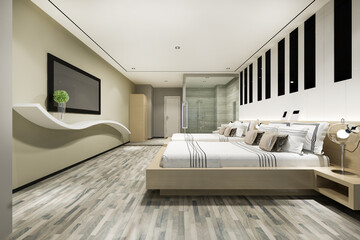 3d rendering modern luxury twin bed in bedroom suite and bathroom