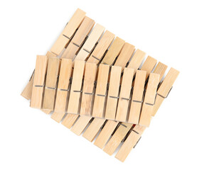 Set of wooden clothespins on white background, top view