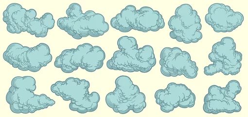Meubelstickers Clouds. Design set. Hand drawn engraving. Editable vector vintage illustration. Isolated on light background. 8 EPS © Marzufello