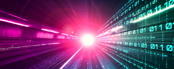 Digital data flow on road with motion blur to create vision of fast speed transfer . Concept of...