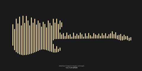 Vector electric guitar shape by equalizer strip line pattern gold color isolated on black background. In concept of music - obrazy, fototapety, plakaty