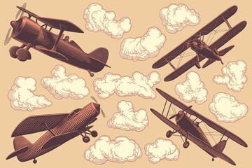 Airplanes in the sky. Design set. Hand drawn engraving. Editable vector vintage illustration. Isolated on light background. 8 EPS - 438904569