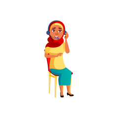 islamic young woman with headphones working in call center cartoon vector. islamic young woman with headphones working in call center character. isolated flat cartoon illustration