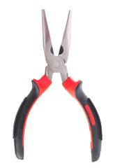 Red pair of needle-nose pliers isolated on a white background.