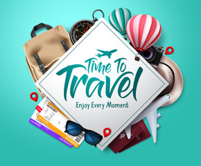 Travel time vector template design. Time to travel text in empty space frame with traveler elements for international trip and vacation. Vector illustration