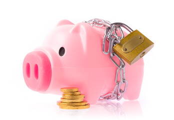 Piggy bank style money box chained together isolated on white background, concep financial stability