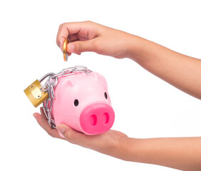 hand holding Piggy bank style money box chained together isolated on white background, concep...