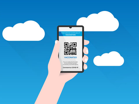 Hand holding smartphone with certificate of vaccination against Covid-19 on blue sky in background, vector illustration