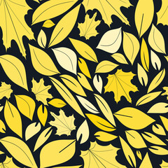 Seamless autumn pattern with golden yellow hand drawn leaves on a black background. The pattern can be used for wrapping papers, invitation cards, wallpapers, covers, textile prints. Vector, eps 10.