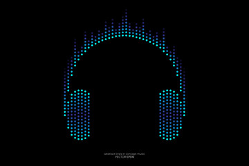 Headphones logo icon by blue light dots equalizer sound wave isolated on black background in concept music, streaming music, audio technology.