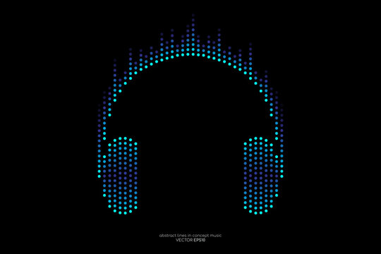 Headphones logo icon by blue light dots equalizer sound wave isolated on black background in concept music, streaming music, audio technology.