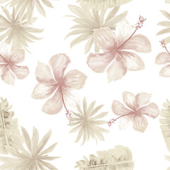 Fototapeta premium Gray Seamless Textile. Brown Pattern Leaves. White Tropical Design. Banana Leaves. Flower Foliage. Floral Hibiscus. Watercolor Background. Decoration Art.