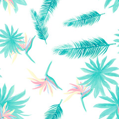 Fototapeta na wymiar Azure Pattern Texture. Navy Seamless Art. Blue Tropical Illustration. Cobalt Flower Botanical. White Floral Background. Wallpaper Leaves. Decoration Illustration.