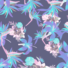 Fototapeta na wymiar Coral Pattern Textile. Cobalt Tropical Textile. Blue Floral Painting. Violet Flora Vintage. Indigo Decoration Background. Purple Wallpaper Leaves. Navy Spring Leaves.