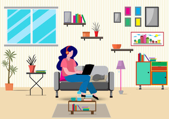 Flat design vector of woman  doing work at the laptop computer in home.She is sitting on sofa behind computer with picture.work from home,Freelance,Vector Graphic and workplace concept.