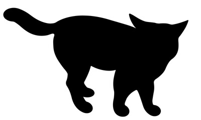 Black cat vector icon. The pet is standing. Hand-drawn animal silhouette. Isolated illustration on a white background. Domestic cat. Monochrome.