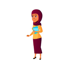 pretty islamic lady with book in bookstore cartoon vector. pretty islamic lady with book in bookstore character. isolated flat cartoon illustration