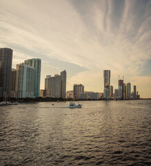 Fototapeta na wymiar city skyline at sunset boat life summer travel vacation Miami Florida usa sky panorama 