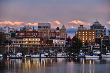 
Victoria skyline at sunset. Colorful sunset in old city Victoria. British Columbia Capital City....