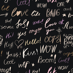 Hand draw set bubble talk phrases. Hand-drawn lettering. Abbreviated popular phrases such as LOL, WOW, OOPS, BOOM and others. Seamless wrapping paper. - obrazy, fototapety, plakaty
