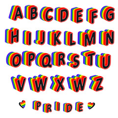 LGBT alphabet. Rainbow alphabet in LGBT flag colours. 3D ABC. 
