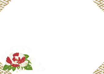 紗綾形文様と牡丹を描いた背景フレーム素材