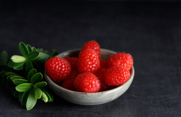 Fresh raspberry in a small bowl. Freshly harvested raspberry in a bowl on a dark background.