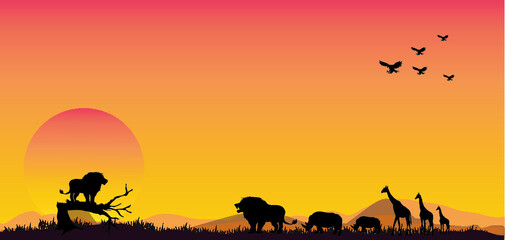 Fototapeta na wymiar Amazing Panorama sunset and sunrise. Dramatic sunrise.Safari theme.Amazing sunset and sunrise.