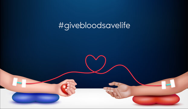 ็Hands of the giver and the recipient to donate blood. Blood donation concept heart medical sign. Give blood save life, World blood donor day-June 14. 3D Vector EPS10 illustration.