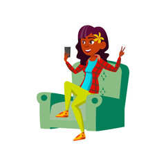 african girl sitting in armchair and make selfie on smartphone camera cartoon vector. african girl sitting in armchair and make selfie on smartphone camera character. isolated flat cartoon
