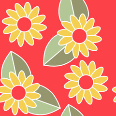 Fototapeta na wymiar Seamless pattern of abstract yellow flowers on a red background for textile.