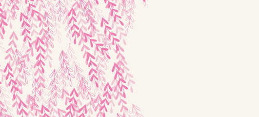Floral web banner with drawn pink exotic leaves. Nature concept design. Modern floral compositions with summer branches. Vector illustration on the theme of ecology, natura, environment