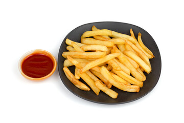 The top photo of the crispy French fries is placed on a black plate and a small bowl of ketchup placed next to it is clearly separated from the white background.