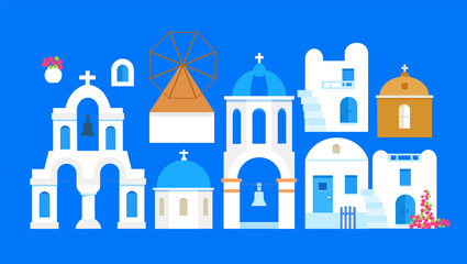 Santorini. Greece. Buildings of traditional architecture. Traditional Greek white houses with blue roofs, churches, mills and flowers. Set of buildings. Vector illustration. © Oleg