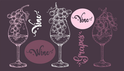 Collection of wine glasses with grapes and lettering vine, grapes.