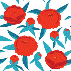 Colored vector seamless pattern. Red flowers with blue leaves on a white background. Hand-drawn peonies. Floral ornament for textile
