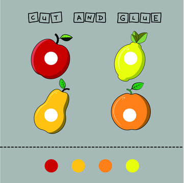 Developing an activity for children, the task is to cut and glue a piece on the fruit of orange, appls, banana, limnon, pear. Logic game for children.