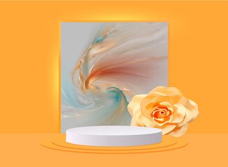 3d abstract design stage with white podium and realistic rose.