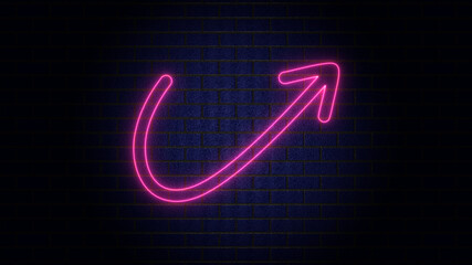 Arrow neon on brick wall. Realistic shining signboard. Glowing neon arrow pointer on brick wall background. Retro signboard with bright neon tubes. Color neon banner. Night bright advertising © jangnhut