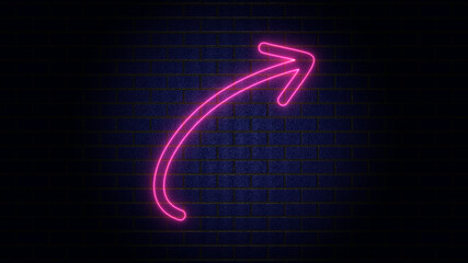 Arrow neon on brick wall. Realistic shining signboard. Glowing neon arrow pointer on brick wall background. Retro signboard with bright neon tubes. Color neon banner. Night bright advertising
