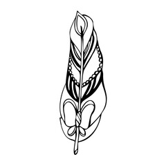 Illustration of a feather pattern with a bow on a white background for decorating postcards and logos