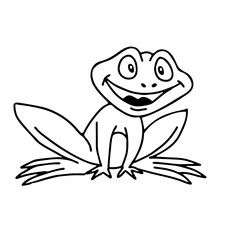 Hand drawn outline black vector illustration of a beautiful happy frog isolated on a white background
