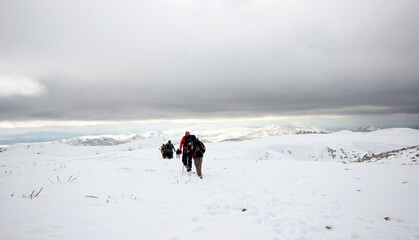 Group of mountaineers walking trough the mountains covered with snow...