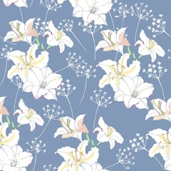 Background with lilies. Seamless vector pattern with flowers