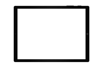 Closeup of a black tablet computer with an empty screen, isolated on white background