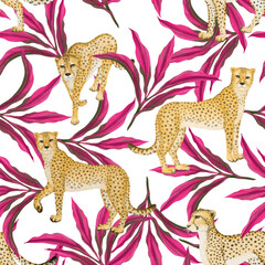 Cheetah wild animal, pink leaf Dracaena plant illustration drawing seamless