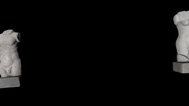 Two nude antique statues - a man's and a woman's - move against a black background. Seamless loop.