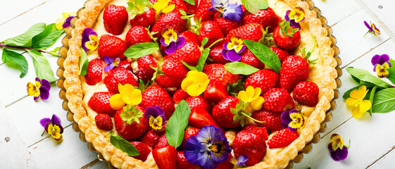 Open summer pie or cake with berries