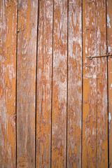 Old rusty hinges on brown wooden cracked door close up
